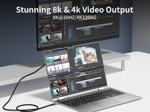 Text reads 'Stunning 8k &amp; 4k Video Output'. Technical product demonstration showing laptop connectivity with multiple display outputs and cables.