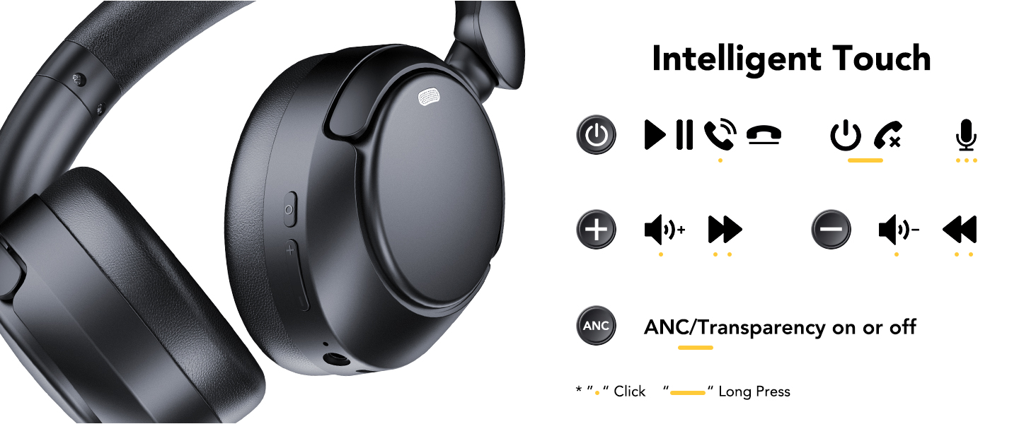 Text reads 'Intelligent Touch' with same control interface diagram. Shows different angle of the same black wireless headphones.