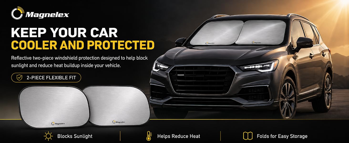 Magnelex two-piece windshield sunshade helps block sunlight and reduce heat.