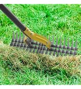 Thatch Rake, 51" Heavy Duty Metal Dethatcher Rake with 15" Wide Double-Edged Sharp Tines Thatch R...