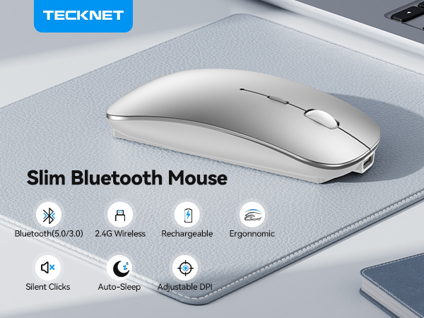 Text reads 'TECKNET' and 'Slim Bluetooth Mouse' with specifications shown: 'Bluetooth 5.0/2.4G', '2400 Mah Wireless', 'Rechargeable', 'Ergonomic'. Silver Bluetooth wireless mouse on gray mouse pad.