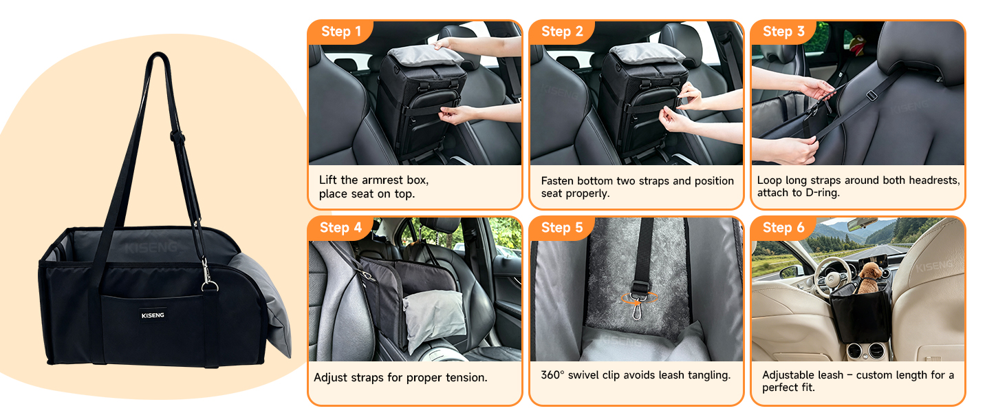 Lift the armrest box, place seat on top. Fasten bottom two straps and position seat properly.