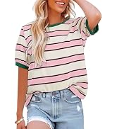 Dokotoo Womens Summer Tops 2026 Striped Color Block Short Sleeve Fashion T-Shirts Crewneck Casual...