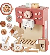 BUYGER Kids Wooden Coffee Maker Toy, Pretend Play Kitchen Accessories Coffee Playset Tea Set Gift...