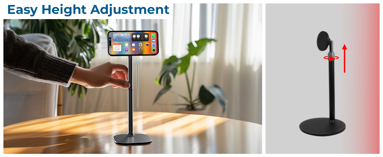 Adjustable phone stand demonstration showing height adjustment feature with telescoping pole mount and phone holder on black base.