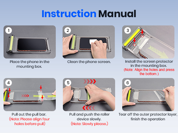 Detailed six step instruction manual for applying screen protector with alignment tool.
