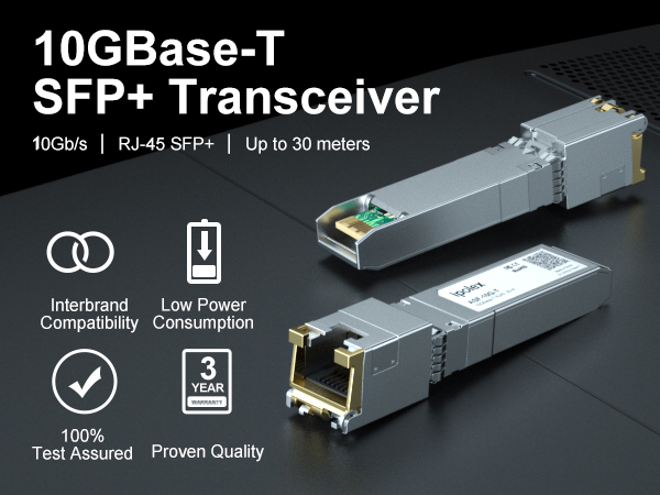 10GBase-T SFP+ Transceiver module. Features include 100% compatibility, low power consumption, 100% test assured, and 3-year warranty. RJ-45 SFP+ up to 30 meters.