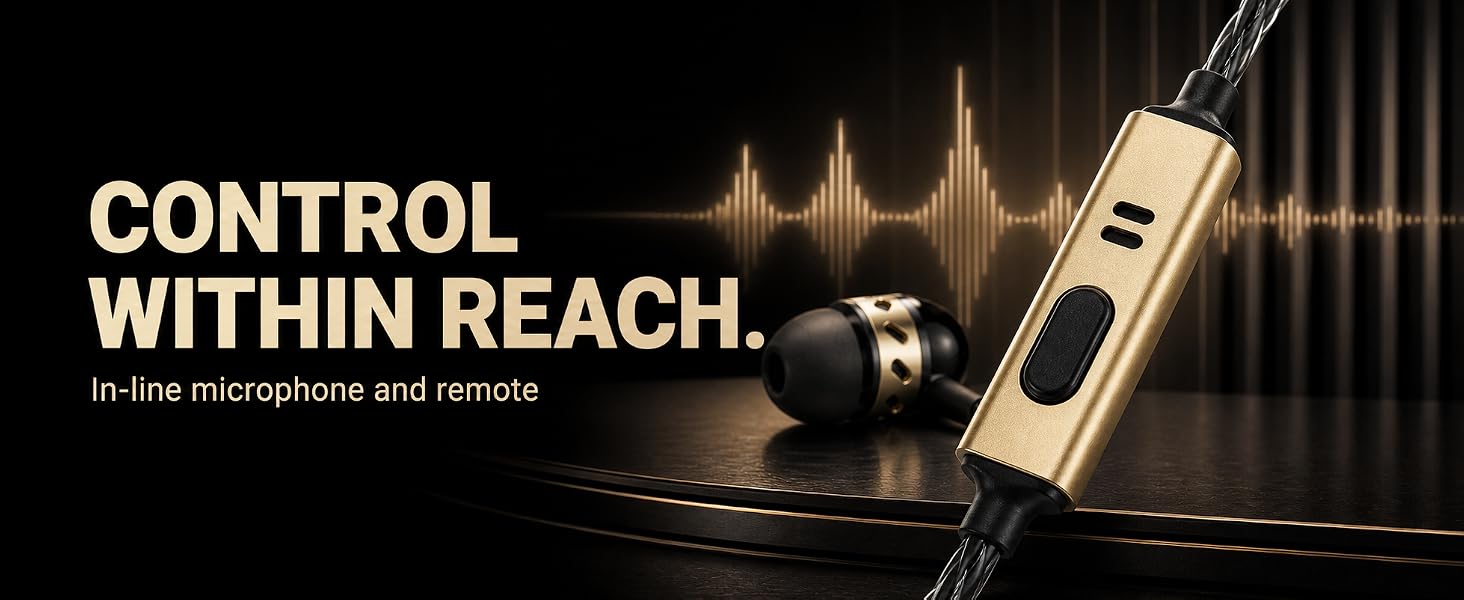 Gold in-line microphone and remote with a control button beside a black wired earbud