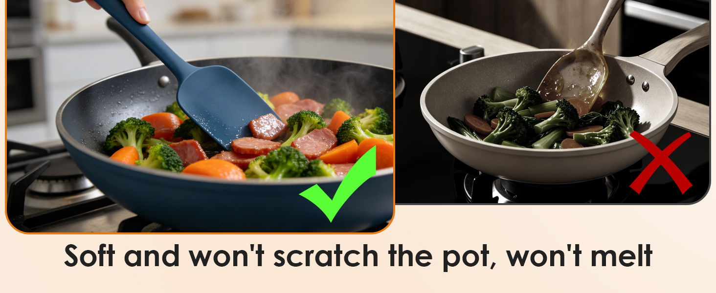 Silicone spatula stirs food without scratching non-stick pans, safe vs metal utensils