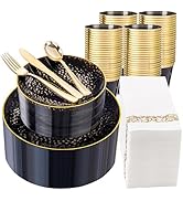 DaYammi 350PCS Clear Black and Gold Plastic Dinnerware Set for Party, Hammered Disposable Plates ...