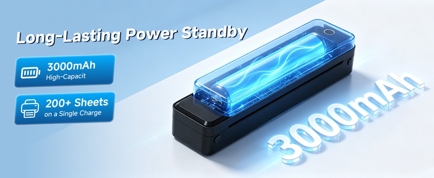 A8 3000mAh rechargeable portable printer and prints up to 200 sheets per full charge