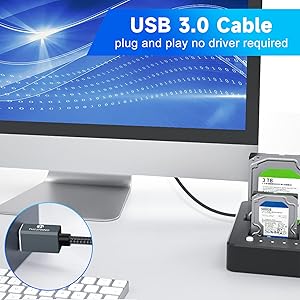 Text reads 'USB 3.0 Cable plug and play no driver required'. Shows USB cable connected to device with blue tech-themed background.