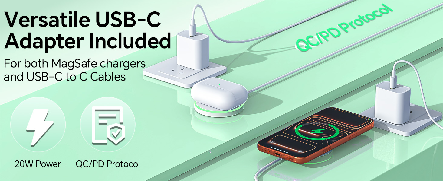 Versatile USB-C Adapter lncluded For both chargers and USB-C to C Cables