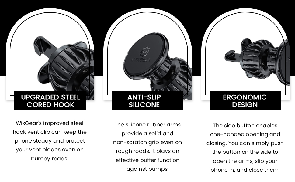 Phone holder for car have ergonomic design enbles one-handed opening and closing.