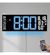 17.5 Inch Blue LED Digital Wall Clock with 8 Ambient Light Colors|Displays Time,Date,Day,Temperat...