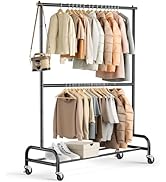 MISSLO Heavy Duty Clothing Racks for Hanging Clothes Rack Double Rod Garment Rack Rolling Closet ...
