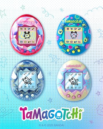 four original tamagotchi devices over the tamagotchi logo