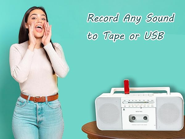 a woman laughing and screaming while holding a tape recorder