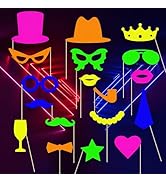 INTATIKOO 18 Pcs Neon Photo Booth Props,UV Black Light Fluorescent Selfie Posing Props,Let's Glow...