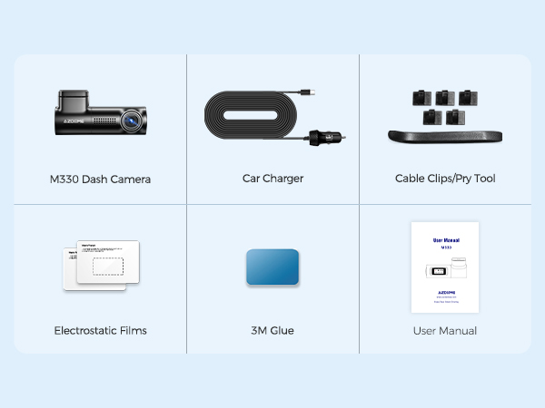 Package content: M330 Dashcam, Car Charger, installation Tool, Electrostatic Films, 3M Glue, Manual.