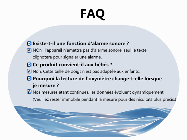 Text in French showing FAQ-style questions with blue wave graphic design elements. Multiple question entries visible in light blue formatting.