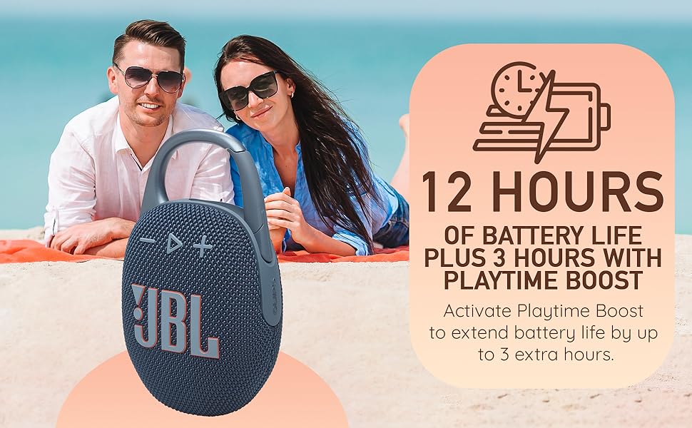 JBL Clip 5 speaker on a beach, featuring 12-hour battery life and 3-hour playtime boost.