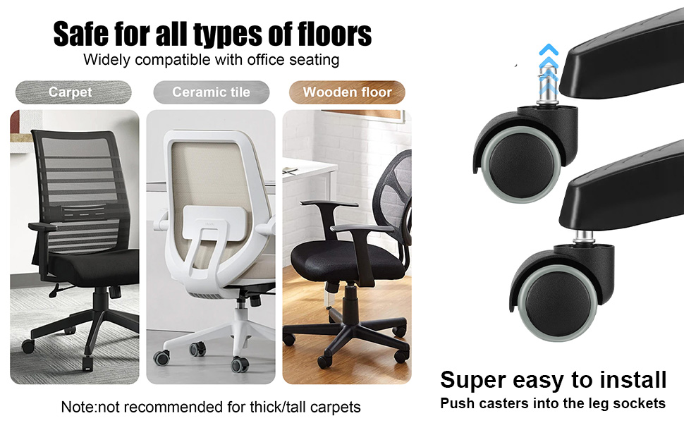 Office chair caster wheels advertisement. Shows compatibility with carpet, ceramic tile, and wooden floors. Includes close-up of wheel design.