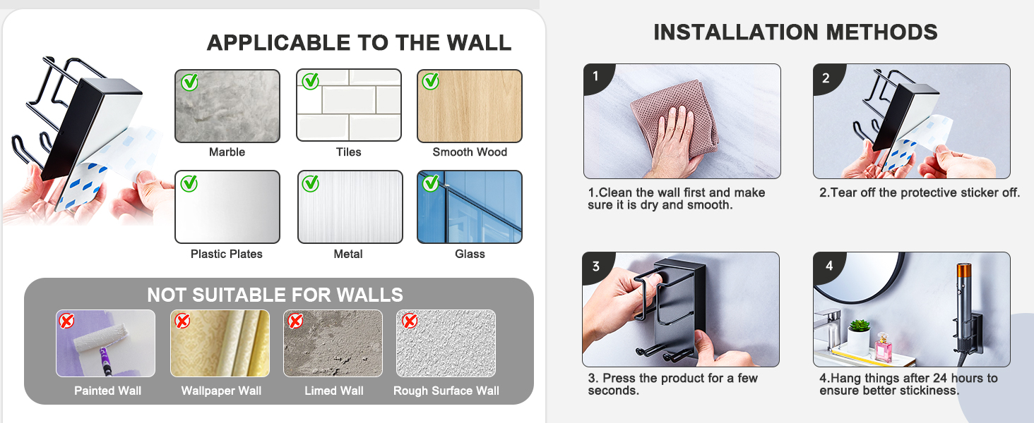 Text reads 'APPLICABLE TO THE WALL' and 'INSTALLATION METHODS'. Instructional diagram showing step-by-step wall mounting procedures with illustrations.