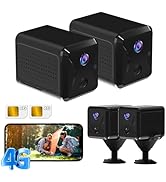 Two small black cube-shaped cameras with purple lenses. Smartphone displays live feed. Icons show night vision and wide-angle capabilities. Mountable design with adjustable base.
