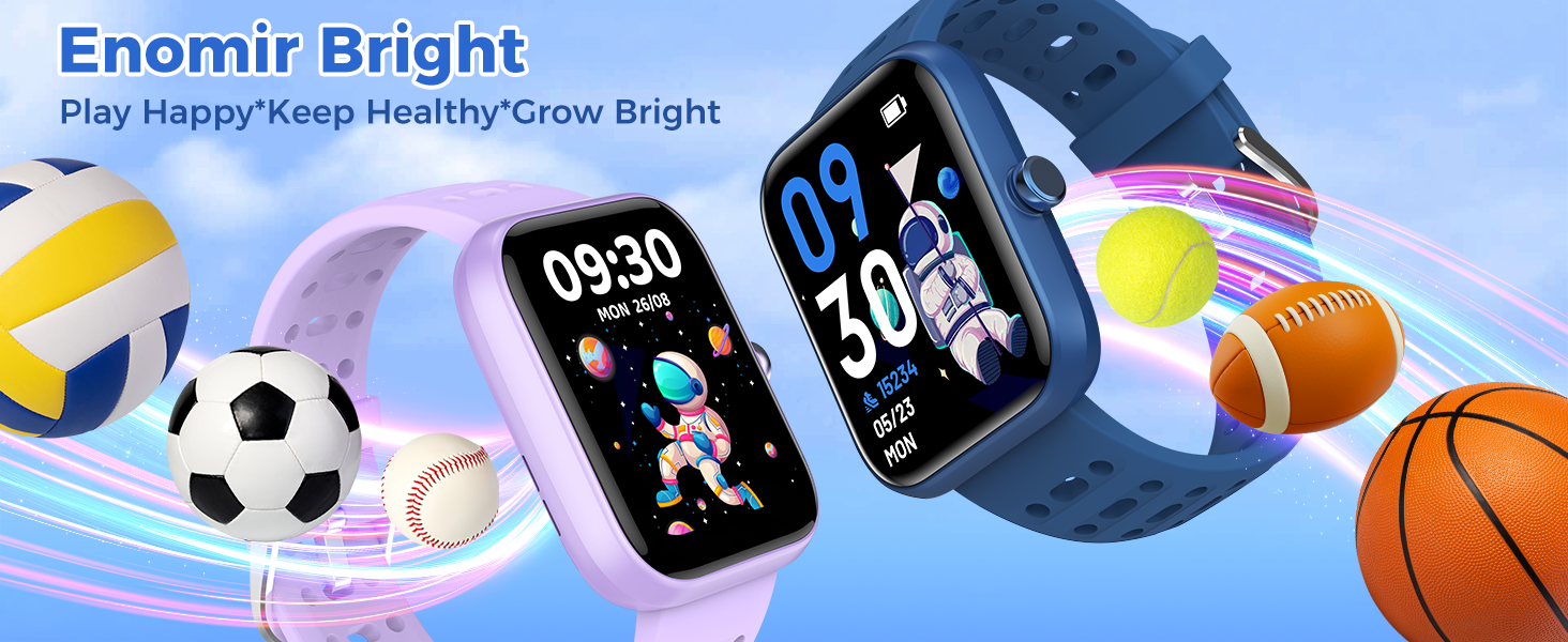 Text reads 'Enomir Bright'. Collection of sports-themed icons and equipment images including basketball, soccer ball, and fitness-related graphics on blue background.