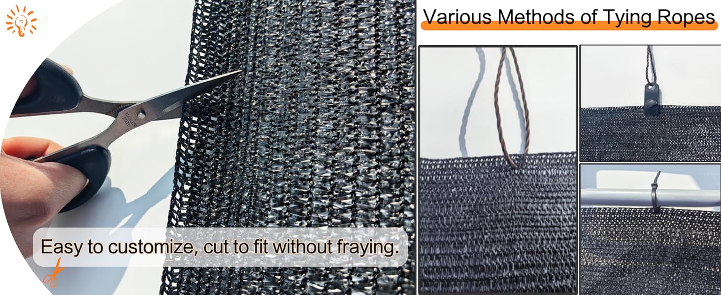 various methods of tying rope, clip, zip tie. easy to customize cut to fit without fraying