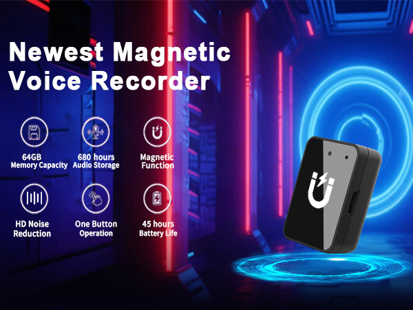 Black magnetic voice recorder with magnet icon.Features include 64GB capacityand 40-day battery life