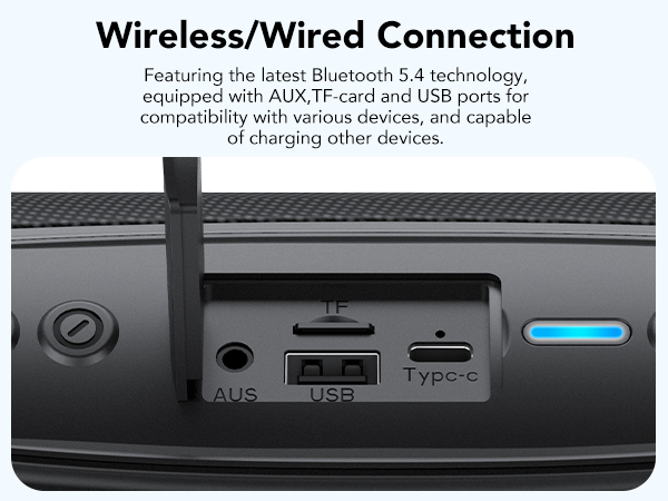 Text reads: 'Wireless/Wired Connection. Featuring the latest Bluetooth 5.4 technology, equipped with AUX, TF card and USB ports for compatibility with various devices, and capable of charging other devices.' Shows device ports including AUX, USB, and Type-C with blue indicator light.