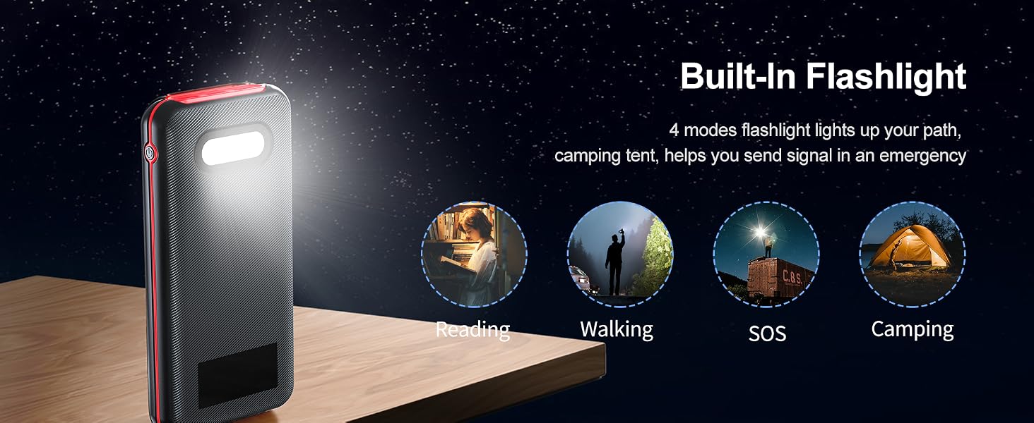 Portable charger with 4-mode LED flashlight, SOS and strobe light for emergencies