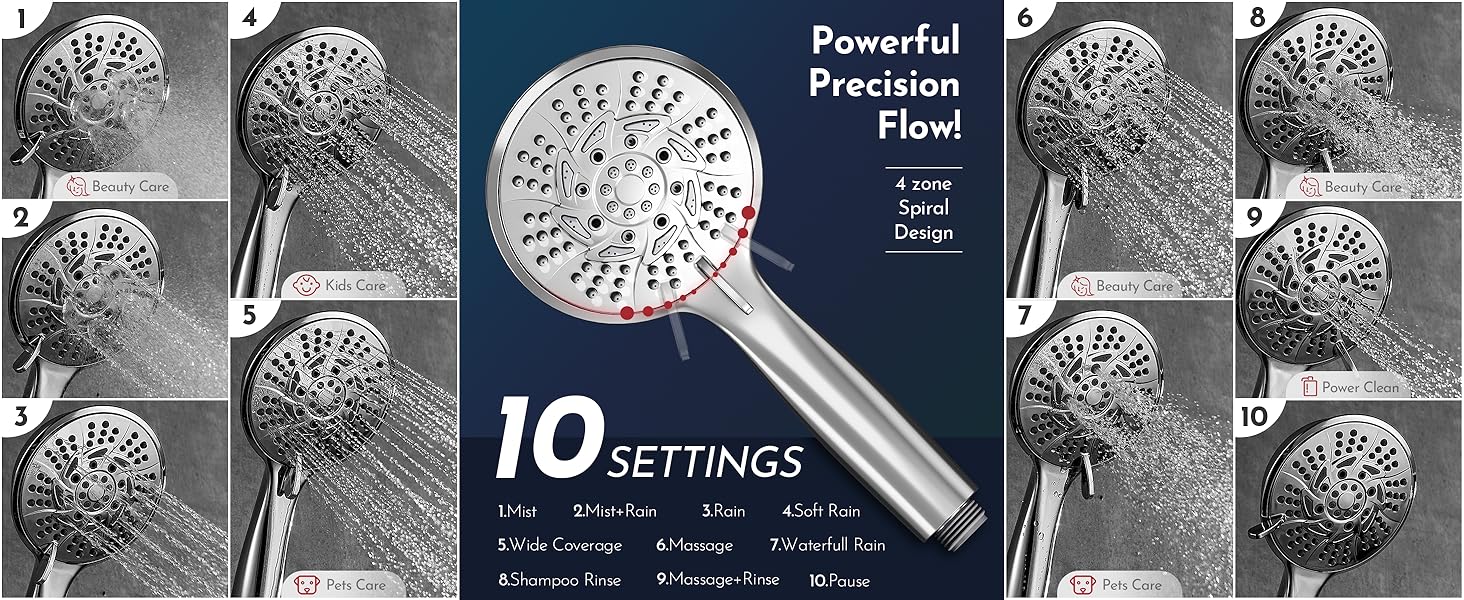 Detachable Shower heads with handheld Spray combo Dual showerhead 10 spray settings high Pressure
