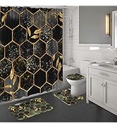 MitoVilla 4 Pcs Brown Marble Bathroom Decor Sets, Tan Gold Shower Curtain Sets with Rugs, Modern ...