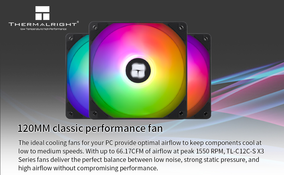 Thermalright 120mm PC cooling fan with RGB lighting displaying rainbow colors, mounted in black frame with technical specifications text below.