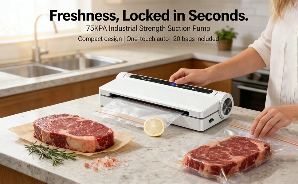 Freshness, Locked in Seconds.75KPA Industrial Strength Suction PumpCompact design|One-touch auto