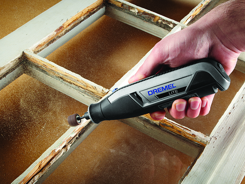 Demel Lite 60 grit sanding painted wood window frame, furniture refurbishing