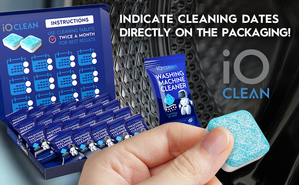 iO Clean washin machine cleaning tablets packaging wit calendar