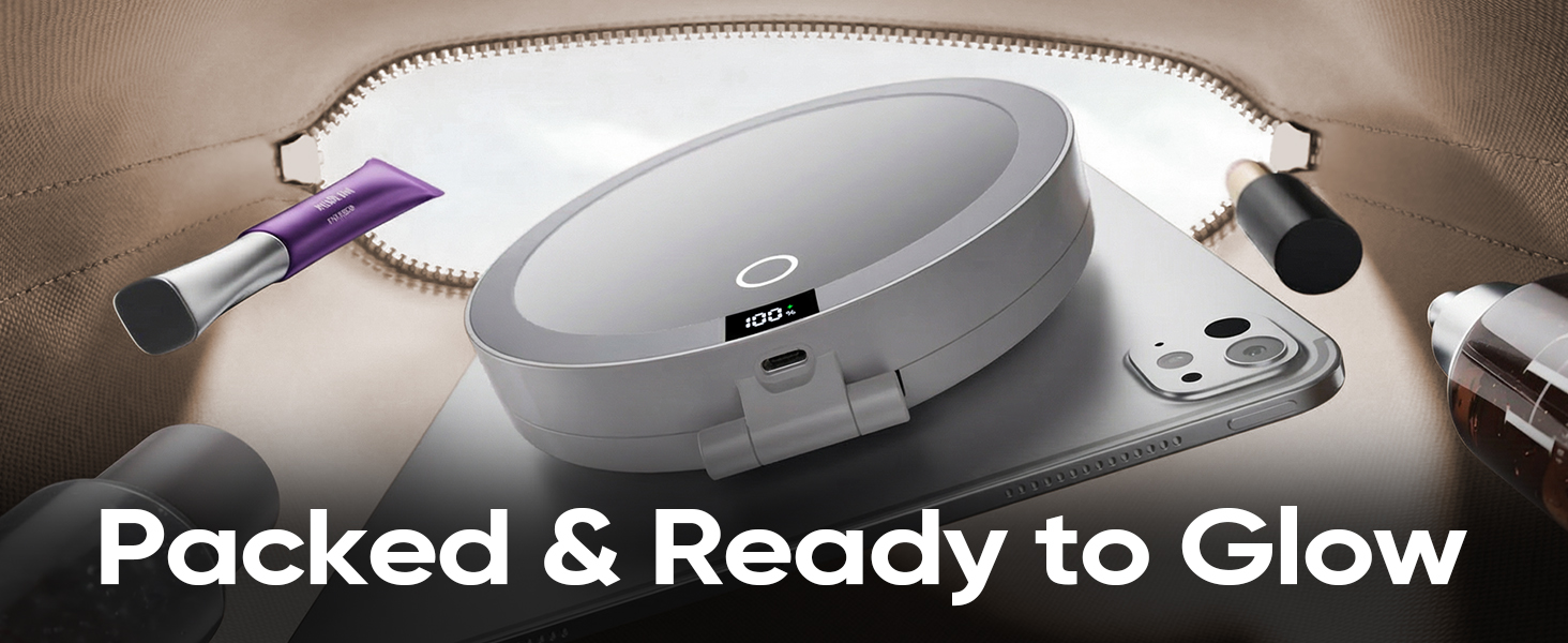 Compact folded lighted mirror fitting perfectly inside travel bag ready for glow on the go