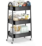 3 Tier Utility Rolling Cart, EAGMAK Metal Storage Cart with Handle and Lockable Wheels, Multifunc...