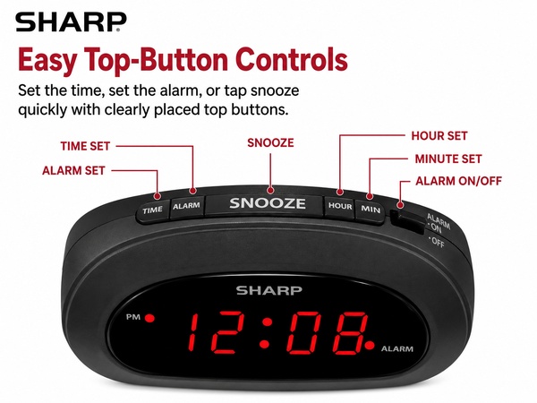 Digital alarm clock with large display, snooze and adjustable brightness for bedroom nightstand