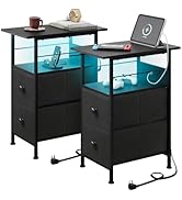 WLIVE Nightstand Set of 2 with Charging Station, End Table Sets with LED Lights, 2 Fabric Drawers...