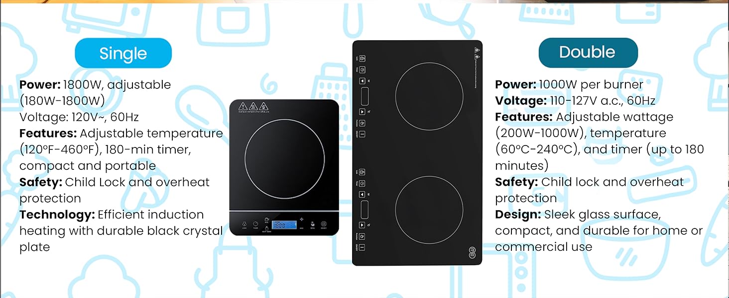Comparison of single and double induction cooktops with key features and specifications