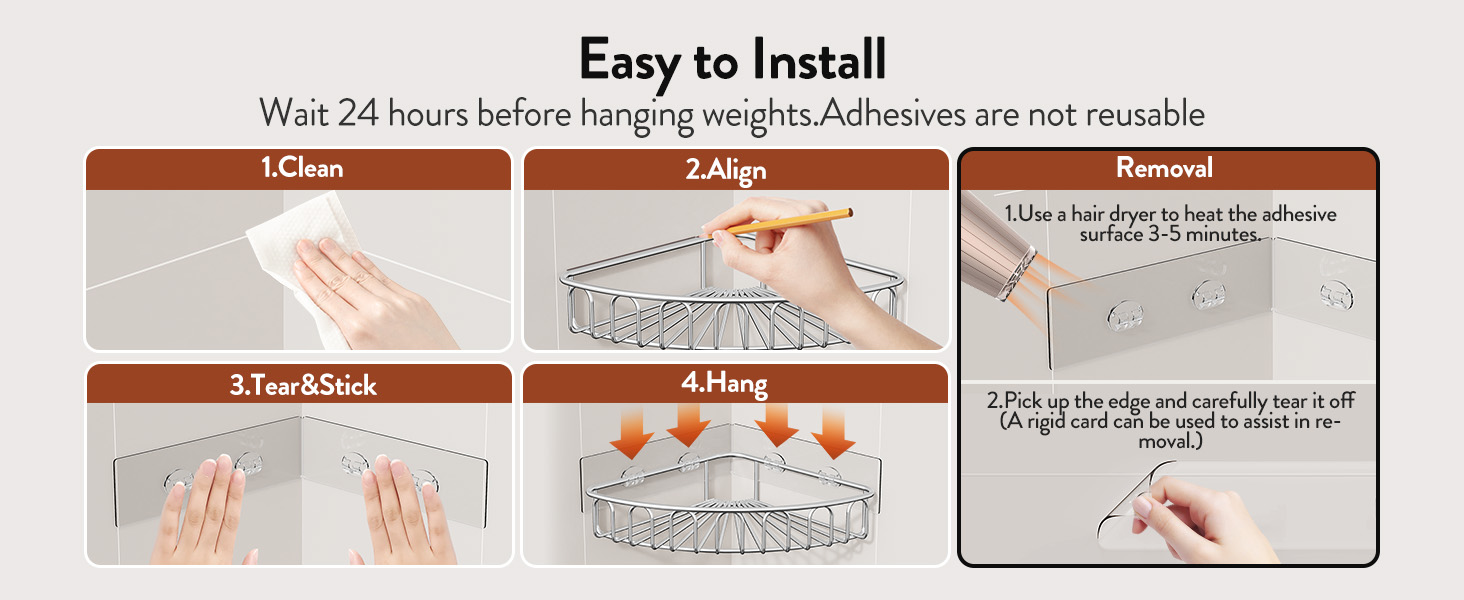 Text reads 'Easy to Install' and 'Wait 24 hours before hanging weights. Adhesives are not reusable'. Instruction diagram showing step-by-step installation process with hand illustrations.