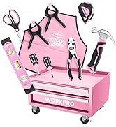 WORKPRO Pink Real Tool Set for Kids with 12 Inch Mini Steel Tool Box with Wheels, 10PCS Kids Real...