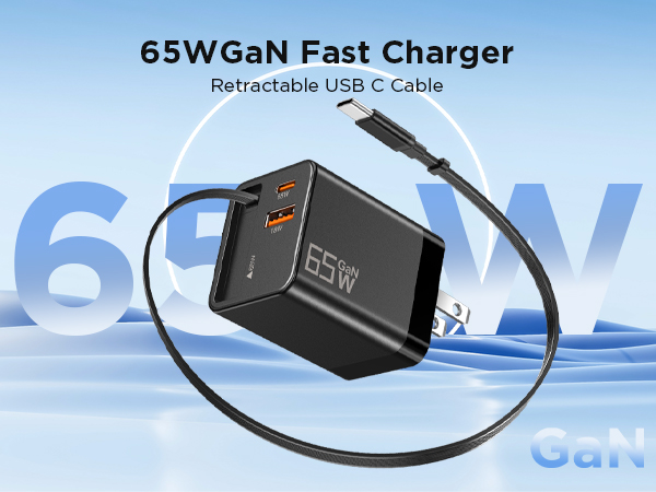65W Retractable Wall Charger, USB C Charger Block Built-in Type C Cable &amp;amp; Dual Port