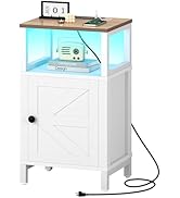 Yoobure Farmhouse Nightstand with Charging Station, Wood Night Stand End Table with USB Ports, LE...