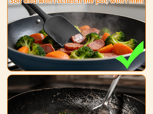 Silicone spatula stirs food without scratching non-stick pans, safe vs metal utensils